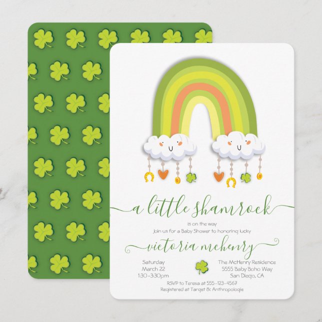 Sankt Patrick's Day Rainbow Shamrock Baby Shower Inbjudningar (Fram/baksida)