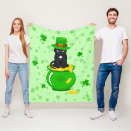 Sankt Patrick's Day Shamrock Pot of Guld Black Cat Fleecefilt