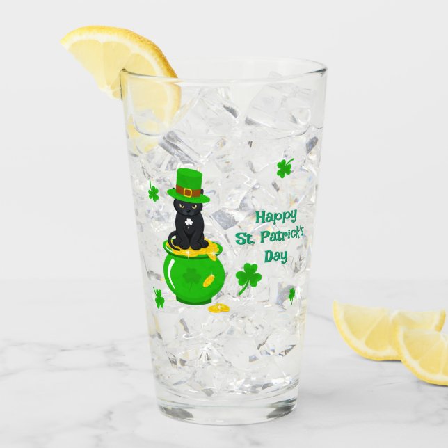 Sankt Patrick's Day Shamrock Pot of Guld Black Cat Glaskopp (Framsida Ice)