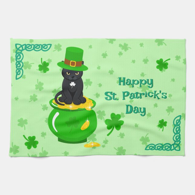 Sankt Patrick's Day Shamrock Pot of Guld Black Cat Kökshandduk (Horisontell)