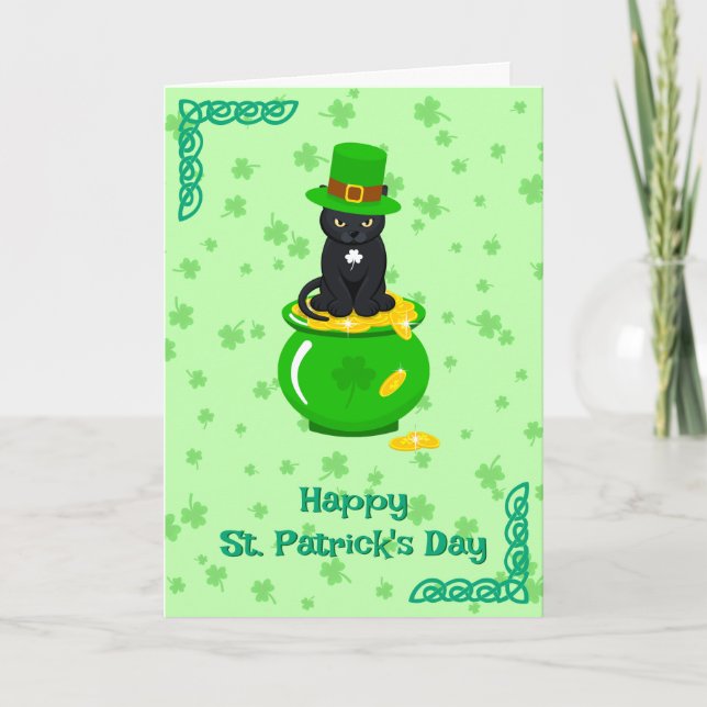 Sankt Patrick's Day Shamrock Pot of Guld Black Cat Kort (Framsida)