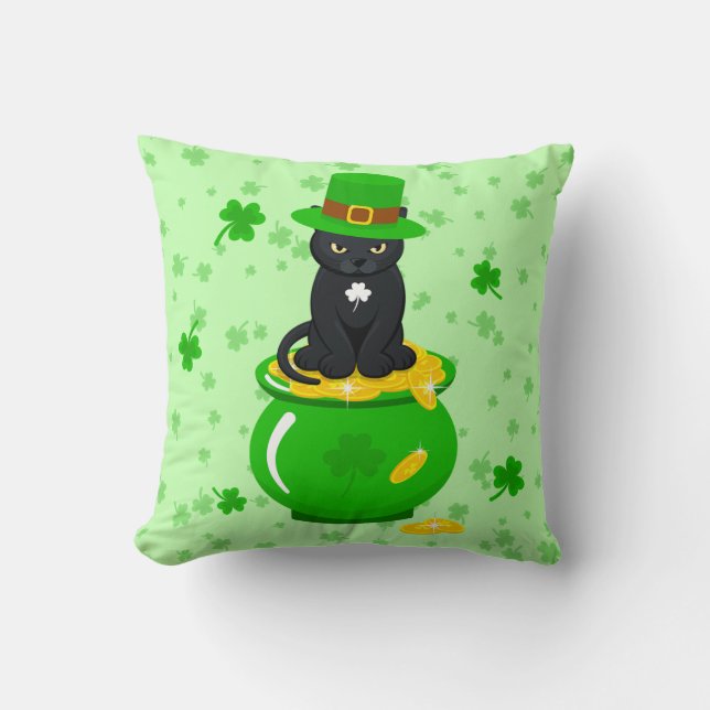 Sankt Patrick's Day Shamrock Pot of Guld Black Cat Kudde (Framsida)
