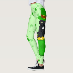 Sankt Patrick's Day Shamrock Pot of Guld Black Cat Leggings
