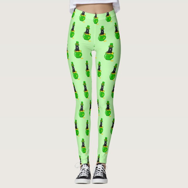 Sankt Patrick's Day Shamrock Pot of Guld Black Cat Leggings (Framsida)