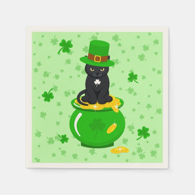 Sankt Patrick's Day Shamrock Pot of Guld Black Cat Pappersservett (Framsidan)