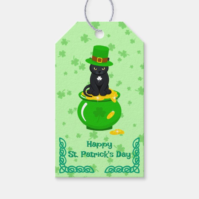 Sankt Patrick's Day Shamrock Pot of Guld Black Cat Presentetikett (Framsidan)