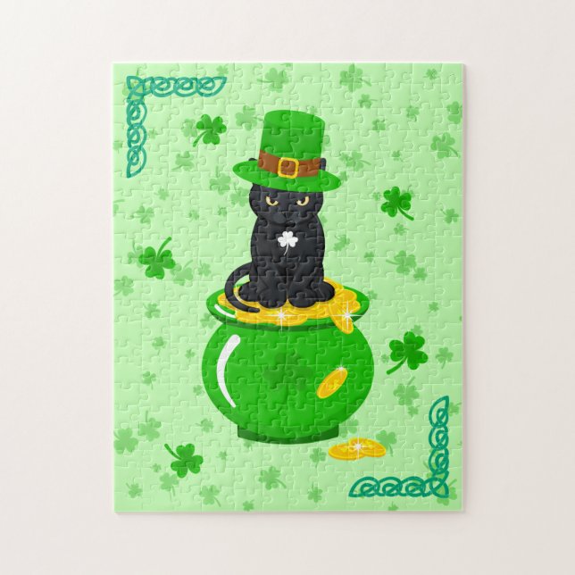 Sankt Patrick's Day Shamrock Pot of Guld Black Cat Pussel (Vertikal)