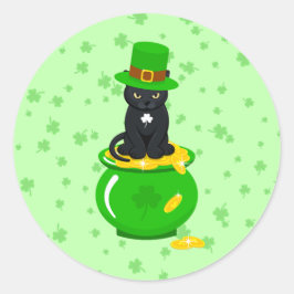Sankt Patrick's Day Shamrock Pot of Guld Black Cat Runt Klistermärke