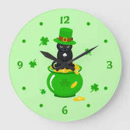 Sankt Patrick's Day Shamrock Pot of Guld Black Cat Stor Klocka
