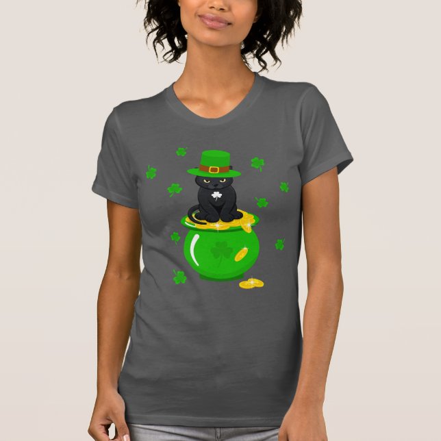 Sankt Patrick's Day Shamrock Pot of Guld Black Cat T Shirt (Framsida)