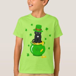 Sankt Patrick's Day Shamrock Pot of Guld Black Cat T Shirt