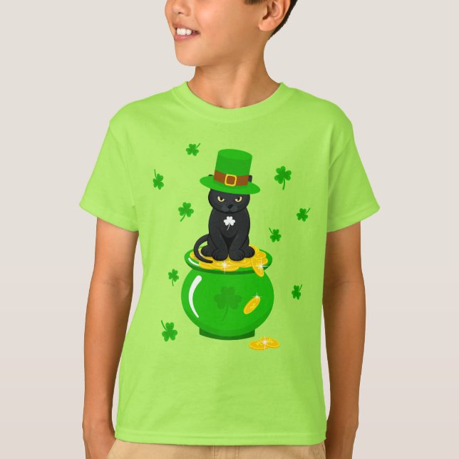 Sankt Patrick's Day Shamrock Pot of Guld Black Cat T Shirt (Framsida)