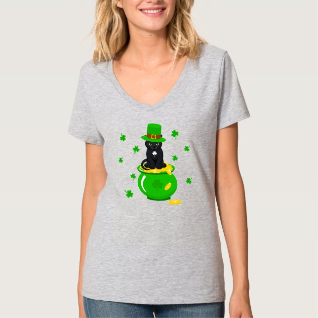 Sankt Patrick's Day Shamrock Pot of Guld Black Cat T Shirt (Framsida)