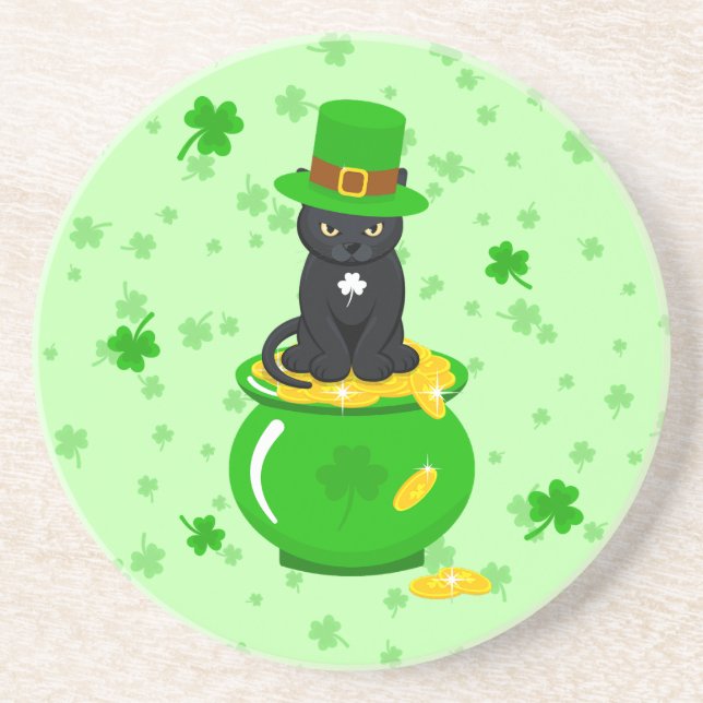 Sankt Patrick's Day Shamrock Pot of Guld Black Cat Underlägg (Framsidan)