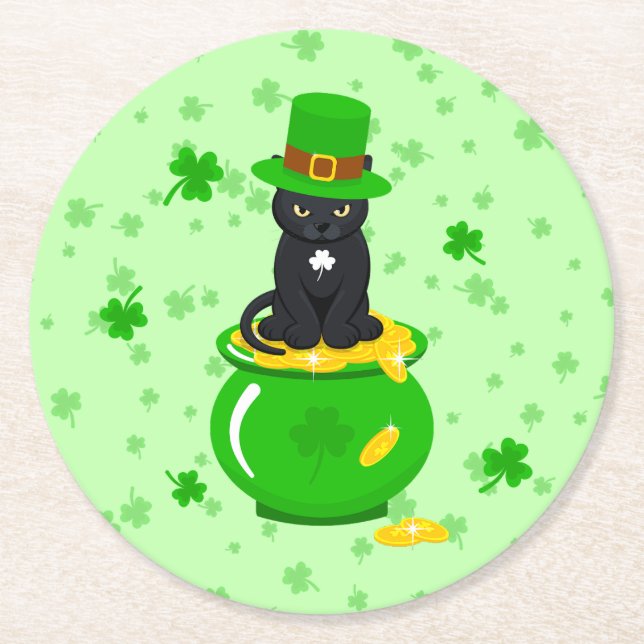 Sankt Patrick's Day Shamrock Pot of Guld Black Cat Underlägg Papper Rund (Framsidan)