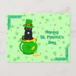 Sankt Patrick's Day Shamrock Pot of Guld Black Cat Vykort