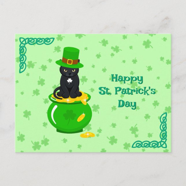 Sankt Patrick's Day Shamrock Pot of Guld Black Cat Vykort (Framsida)