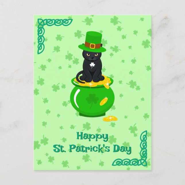 Sankt Patrick's Day Shamrock Pot of Guld Black Cat Vykort (Framsida)