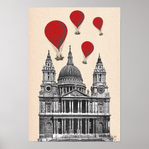 Sankt Pauls katedral och Röda Luftballonger Poster