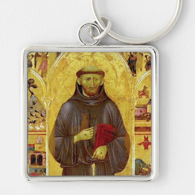 Sanktt Francis av Assisi medeltida Iconography Fyrkantig Silverfärgad Nyckelring (Framsidan)