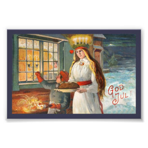 Sanktt Lucia och barn som kommer med saffranbröd Fototryck