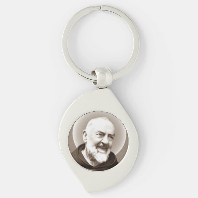 Sanktt Padre Pio Keychain Swirl Silverfärgad Nyckelring (Framsidan)