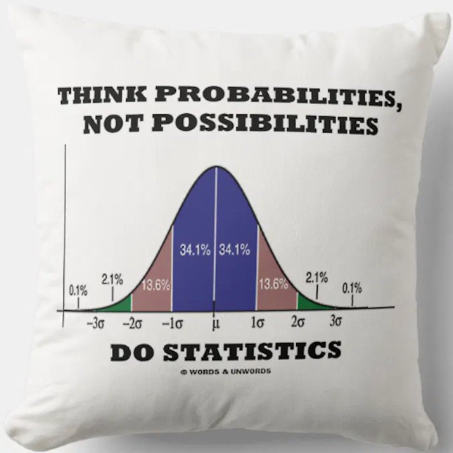 Sannolikhet för tänka, statistik över icke-sannoli kudde (Stats advice throw pillow featuring bell curve distribution for any hypothesis tester!)
