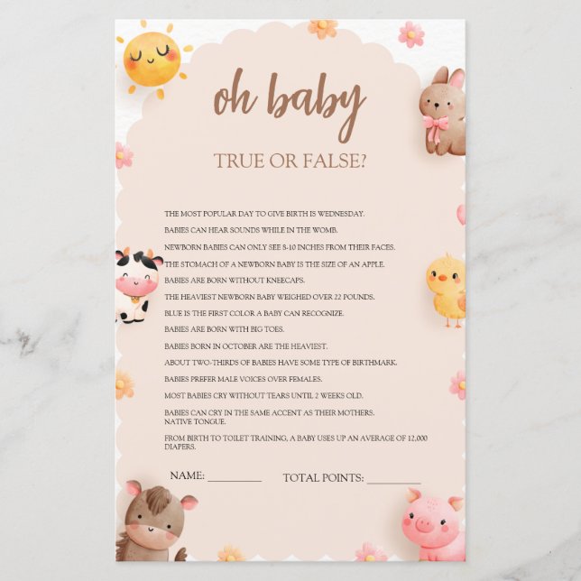 Sant eller falskt - Baby Shower-spel för djur på g (Framsida)