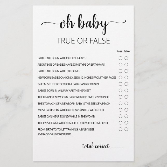 Sant eller falskt Baby Trivia-spel med svar (Framsida)