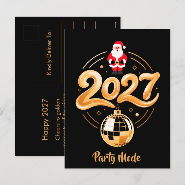 Santa 2027 Party Mode Guld Disco Jul Helg Vykort (Fram/baksida)