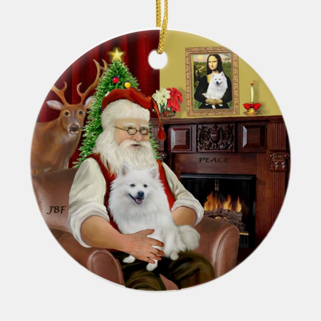 Santa-American Eskimo Hund Julgransprydnad Keramik (Framsidan)
