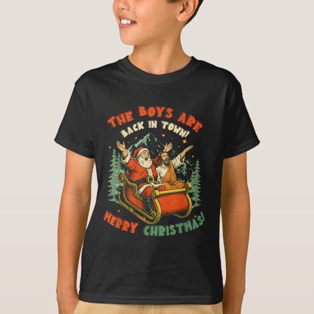 Santa &amp; Jesus Back In Town Merry Christmas, Ho T Shirt (Framsida)