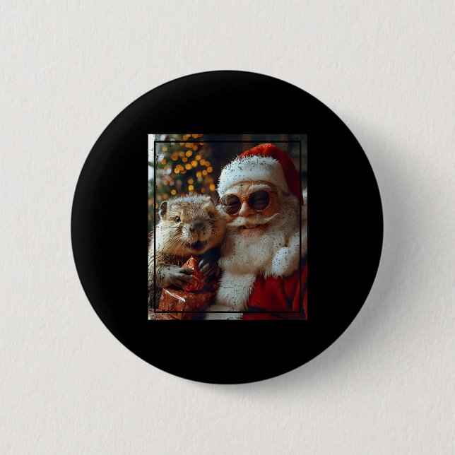 Santa And Beaver Selfie Funny Christmas Design  Knapp (Framsida)