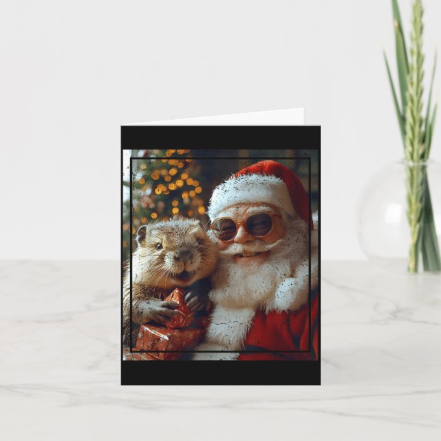 Santa And Beaver Selfie Funny Christmas Design  Kort (Framsida)