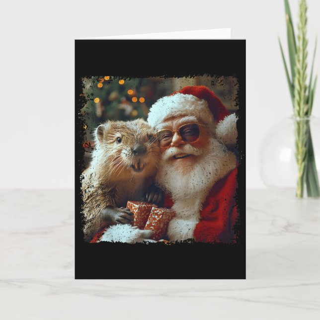 Santa And Beaver Selfie Funny Christmas Design  Kort (Framsida)