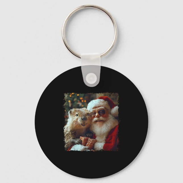 Santa And Beaver Selfie Funny Christmas Design  Nyckelring (Framsida)