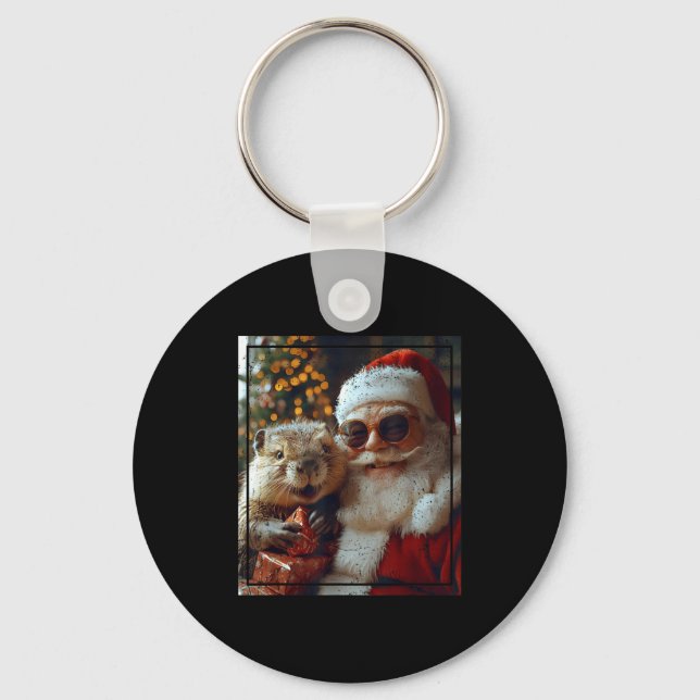 Santa And Beaver Selfie Funny Christmas Design  Nyckelring (Framsida)