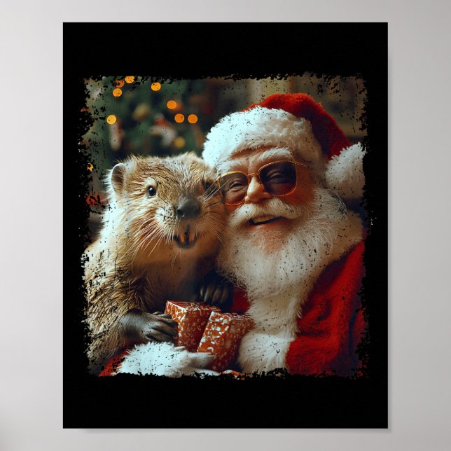 Santa And Beaver Selfie Funny Christmas Design  Poster (Framsidan)