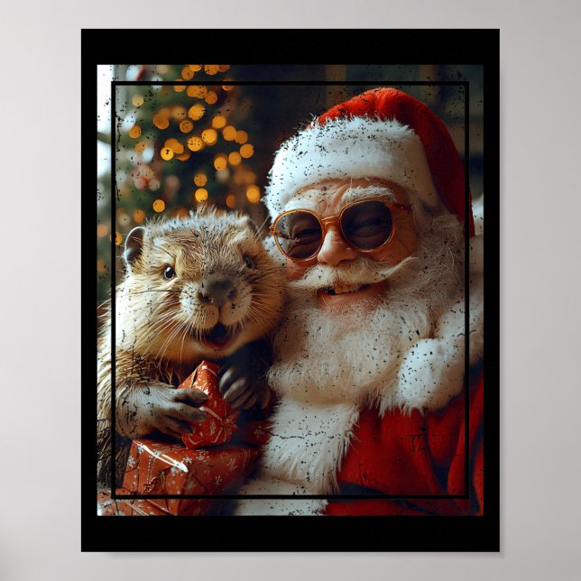 Santa And Beaver Selfie Funny Christmas Design  Poster (Framsidan)
