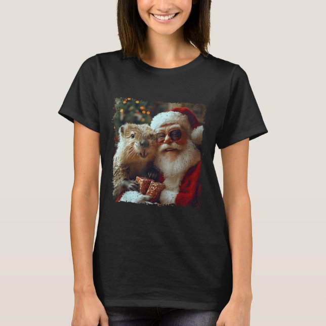 Santa And Beaver Selfie Funny Christmas Design  T Shirt (Framsida)