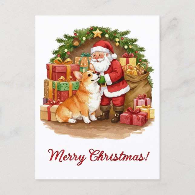 Santa and Corgi Christmas Postcard Vykort (Framsida)