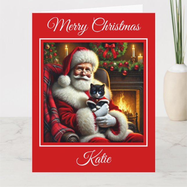 Santa and Cute Black and White Kitten Kort (Framsida)