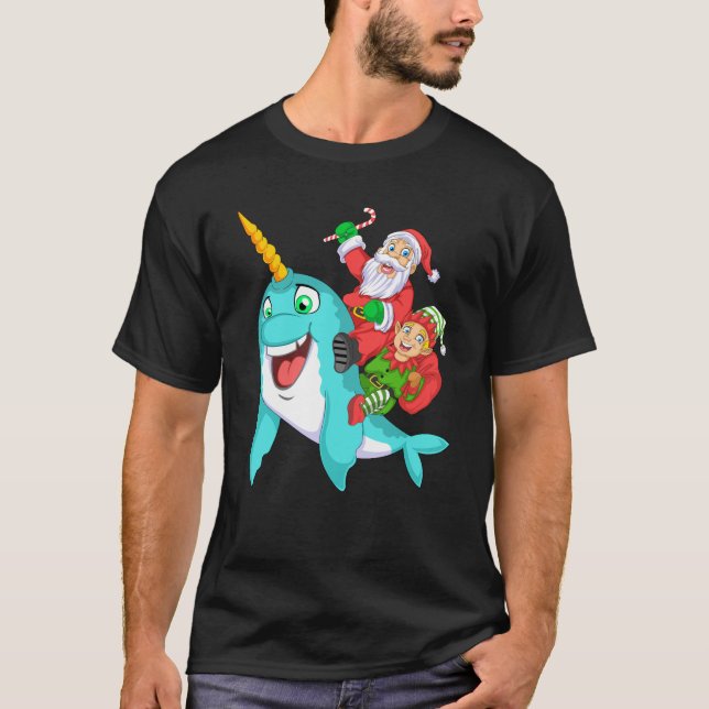 santa and elf riding narwhal t shirt (Framsida)
