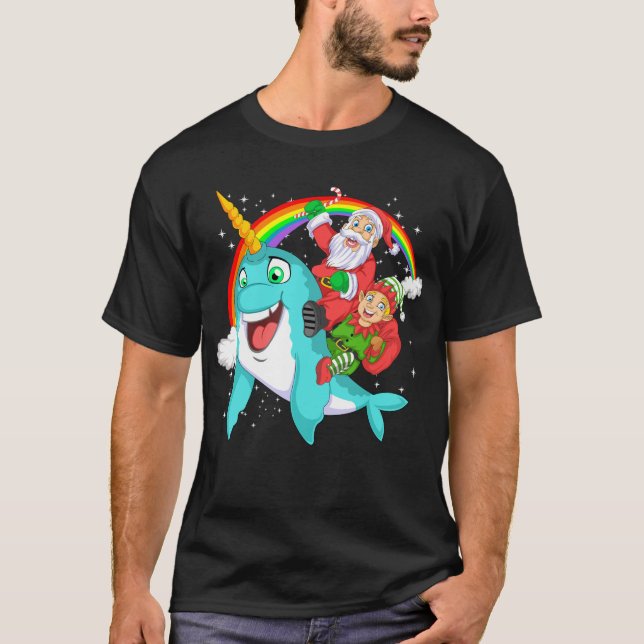 santa and elf riding narwhal t shirt (Framsida)
