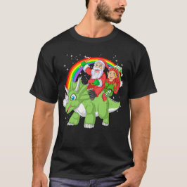 santa and elf riding triceratops t shirt