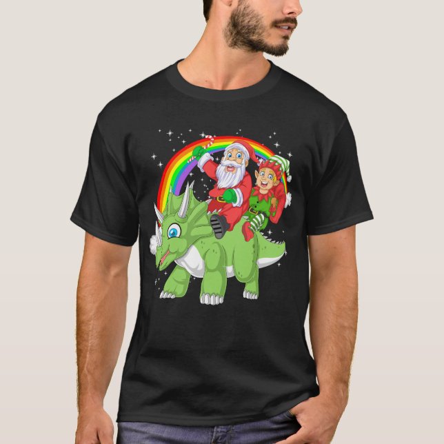 santa and elf riding triceratops t shirt (Framsida)