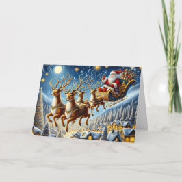 Santa and Golden Reindeer Holiday Card Helgkort