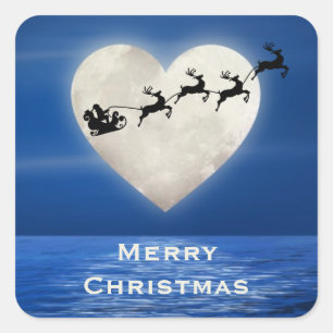 Santa and Heart Full Moon Beach God jul Fyrkantigt Klistermärke