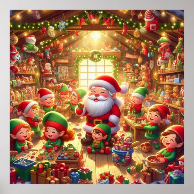 Santa and His Cute Little Elves in His Workshop Poster (Framsidan)