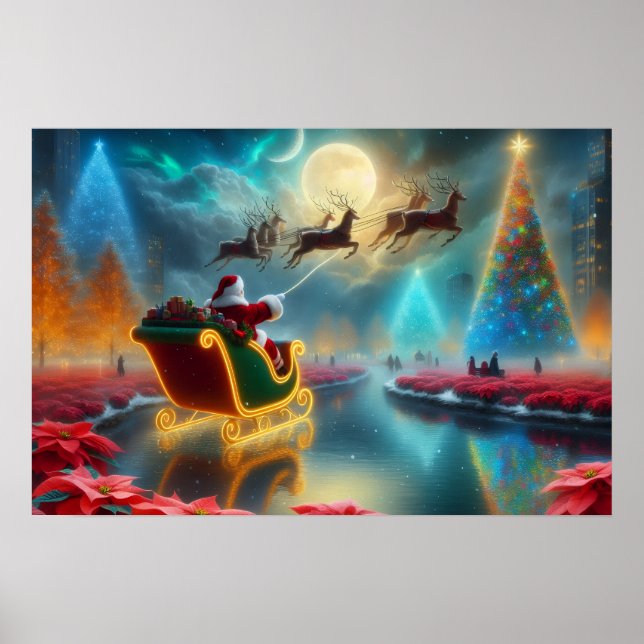 Santa and His Reindeer Flying in the Sky Poster (Framsidan)